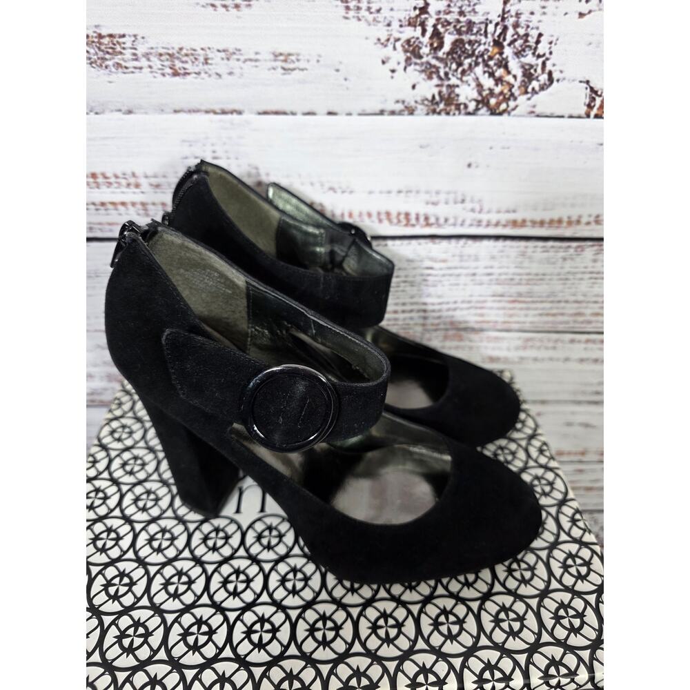 VTG Nicole Miller Keisha Black Faux Suede Leather Ankle strap chunky Heels 8.5